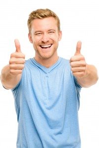 Happy man thumbs up sign full length portrait on white backgroun