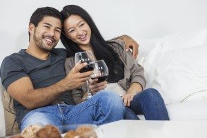 Asian Chinese Romantic Couple Drinking WIne