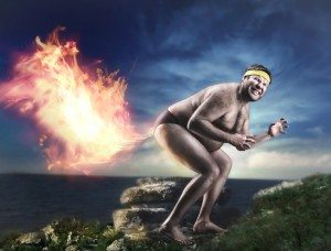 Bizarre naked man farts flame